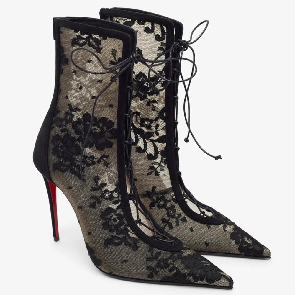 Christian Louboutin KM Lace Booty 100 Black Corset Ankle Boots Heels EU 38.5 NIB